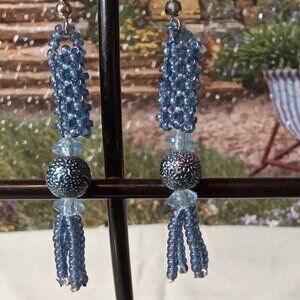 Hand Crafted  Blue Beaded Tassel Earrings..